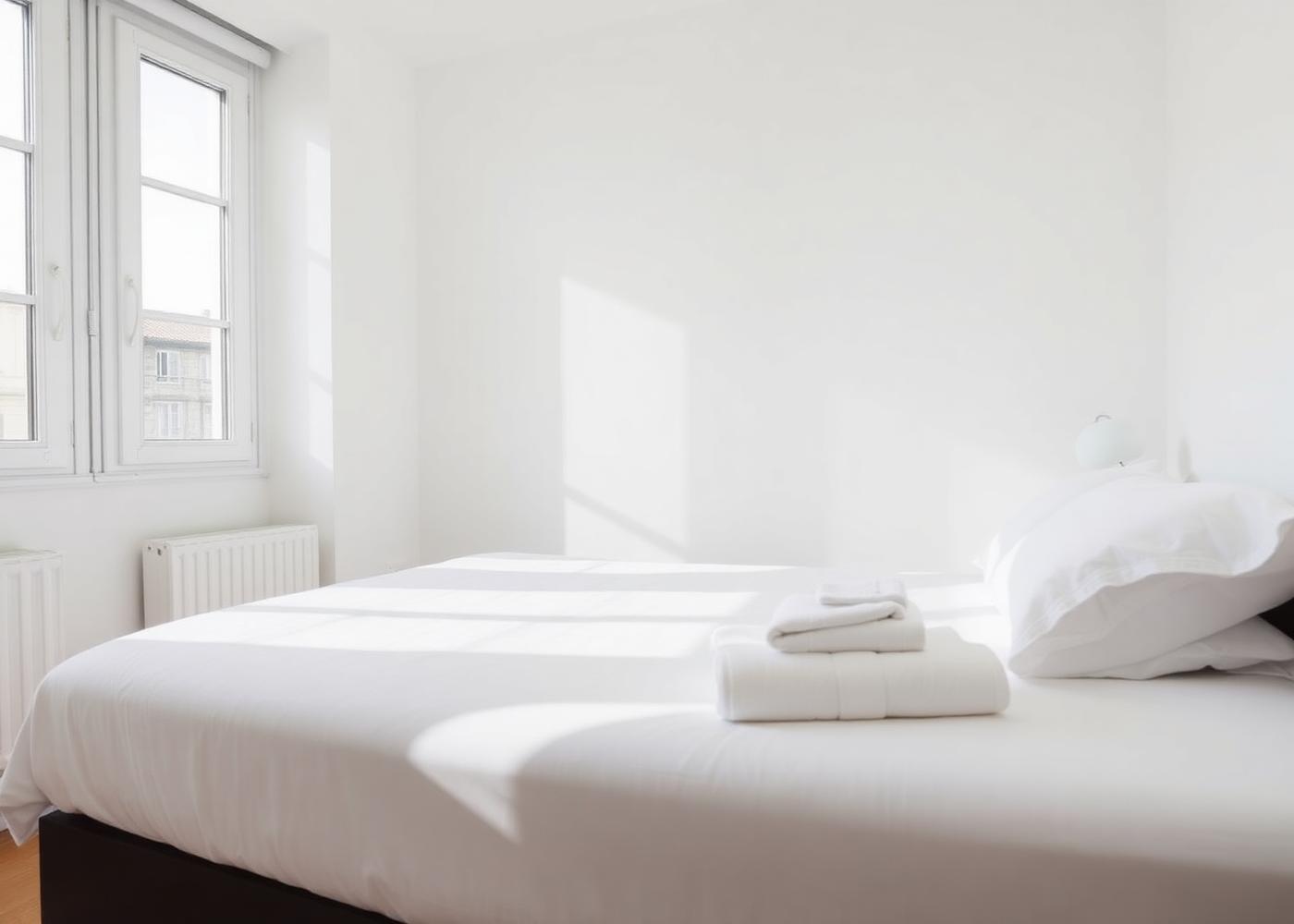 Quarto limpo e preparado com roupa de cama branca